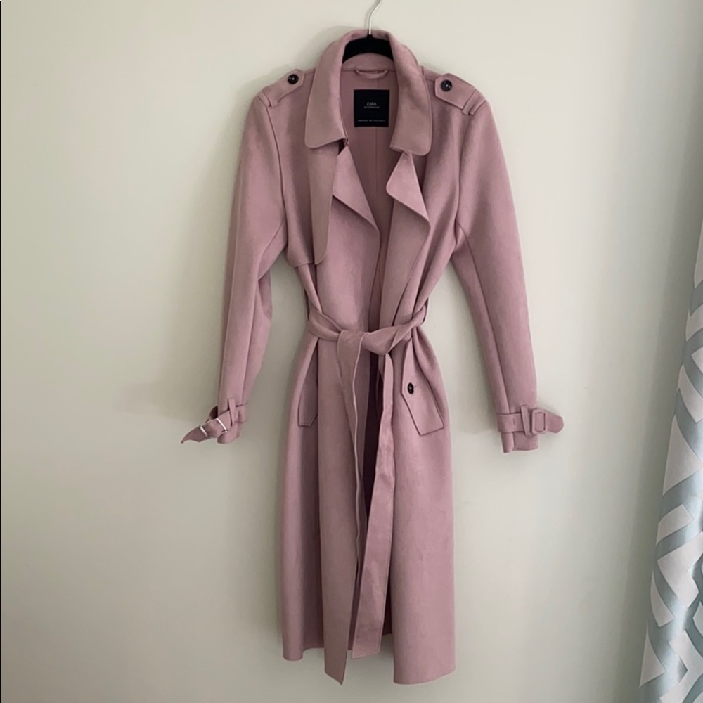 Zara blush pink faux micro suede trench coat XS
